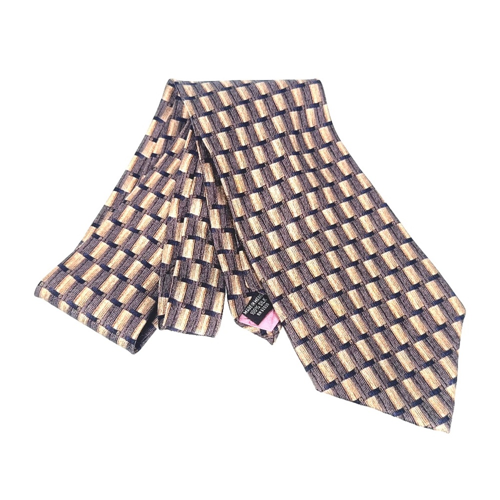 Jimmy V Silk Tie Gold Brown Blue Geometric Grid Pattern